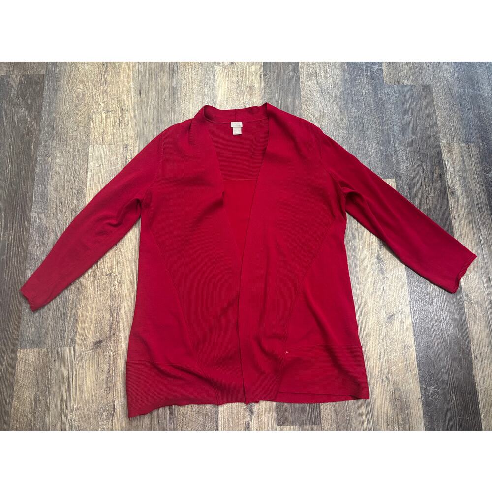 Chico's Red Ribbed Open Front Cardigan Size 2 Large Rayon Blend Long Sleeve